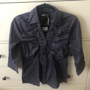 Cute grey button-down blouse with ruffle front